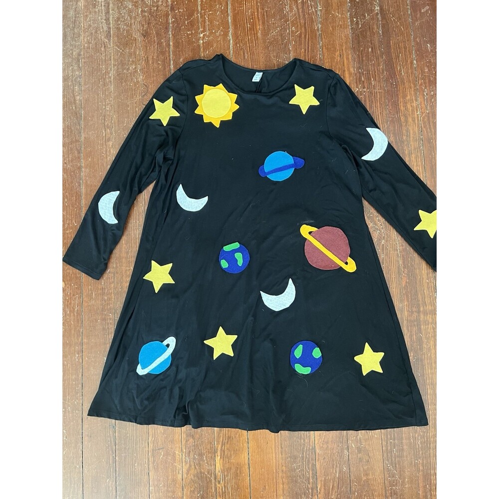 Women's Upcycled Long Sleeve Dress Miss Frizzle Felt Solar System Planets Blk XL